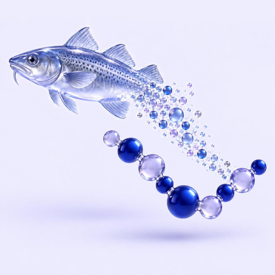 Conceptual illustration of cod transitioning into particles and a peptide chain.
