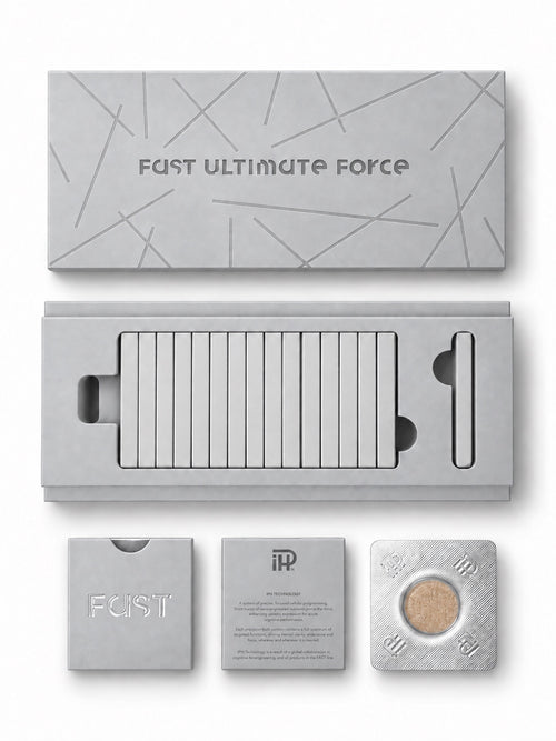 FAST Ultimate Force open silver box with tablet sleeves and blister on white background